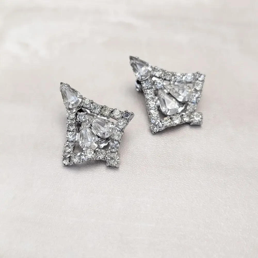 Vintage Clip On Earrings Stylish Silver Tone & Clear Gem Large 1 & 3/8